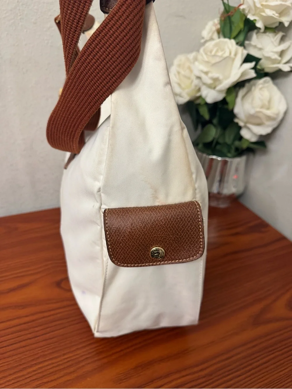 Longchamp White Shoulder Bag with Brown Strap and Trim